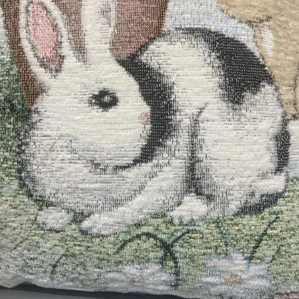 Vtg Kohl's‎ Chenille Easter Tapestry Throw Pillow Bunny Rabbits & Squirrel 16